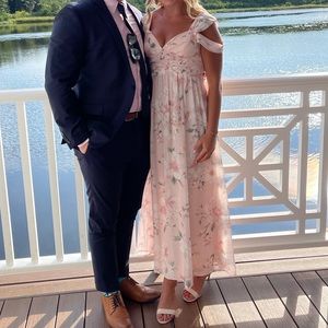 Lulus pink floral wedding guest maxi dress